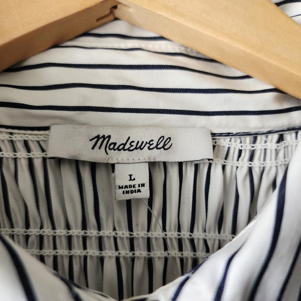 Madewell Dress Size Large Smocked Black Pinstriped Cotton Pockets Shirtdress NWT - Picture 3 of 10